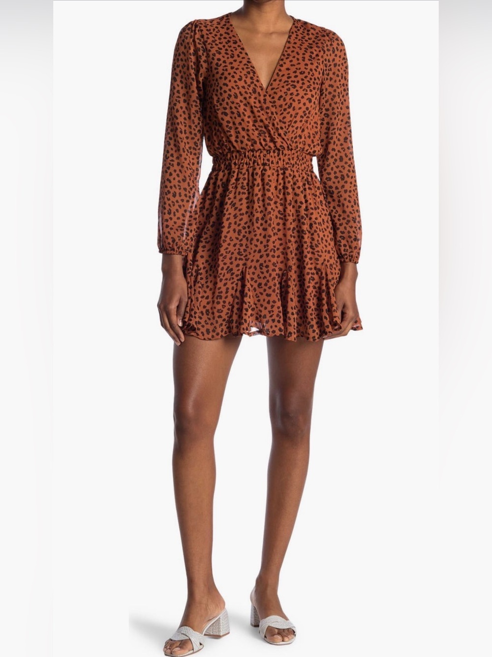Row A Leopard Print Surplice Smocked Waist Long Sleeve Dress Small Brown Black
